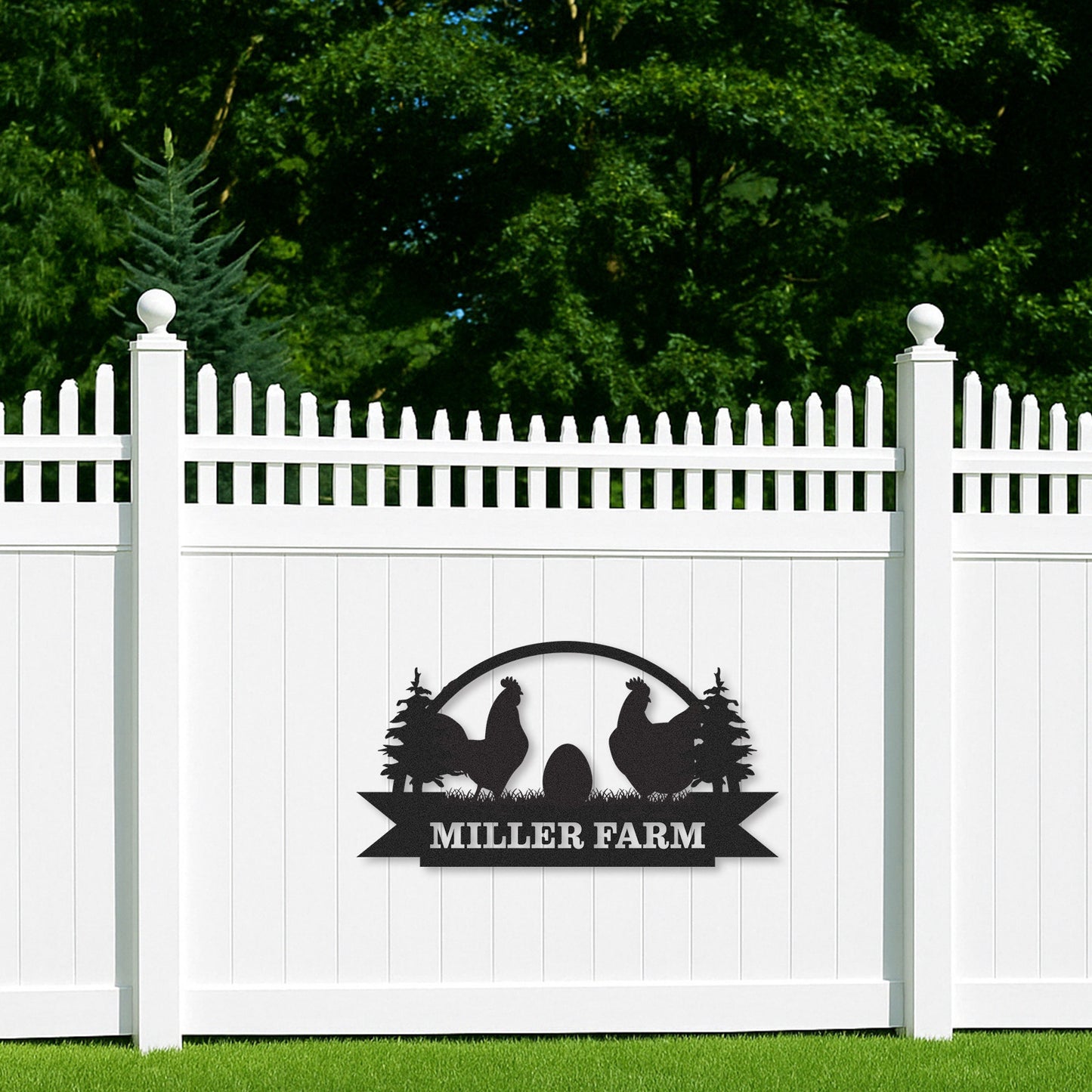 Personalized Farm Name Sign with Chicken Scene, Custom Metal Wall Art for Coop, Barn or Garden Fence