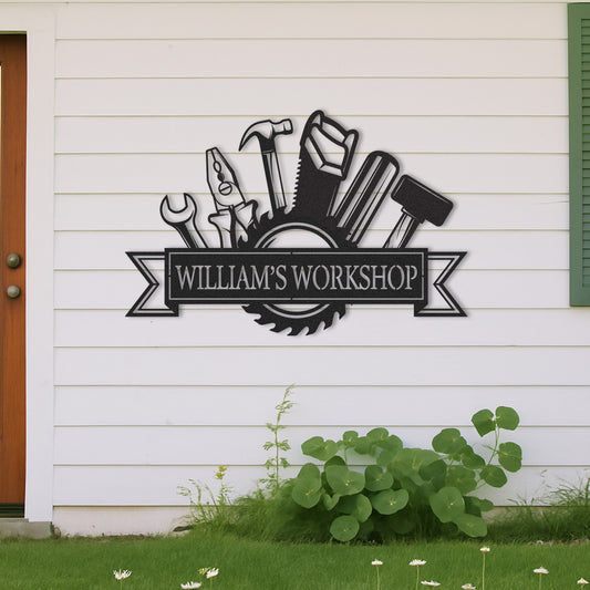 Custom William's Workshop Metal Sign with Tools, Personalized Metal Garage Decor for Dad, Grandpa or Him, Great Gift for Father��s Day or Birthday