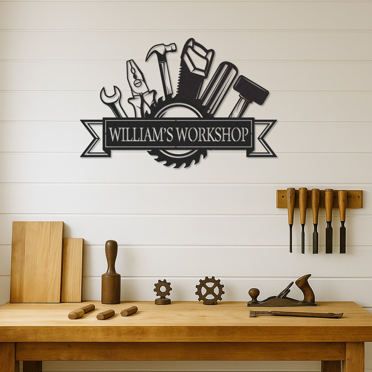 Custom William's Workshop Metal Sign with Tools, Personalized Metal Garage Decor for Dad, Grandpa or Him, Great Gift for Father��s Day or Birthday