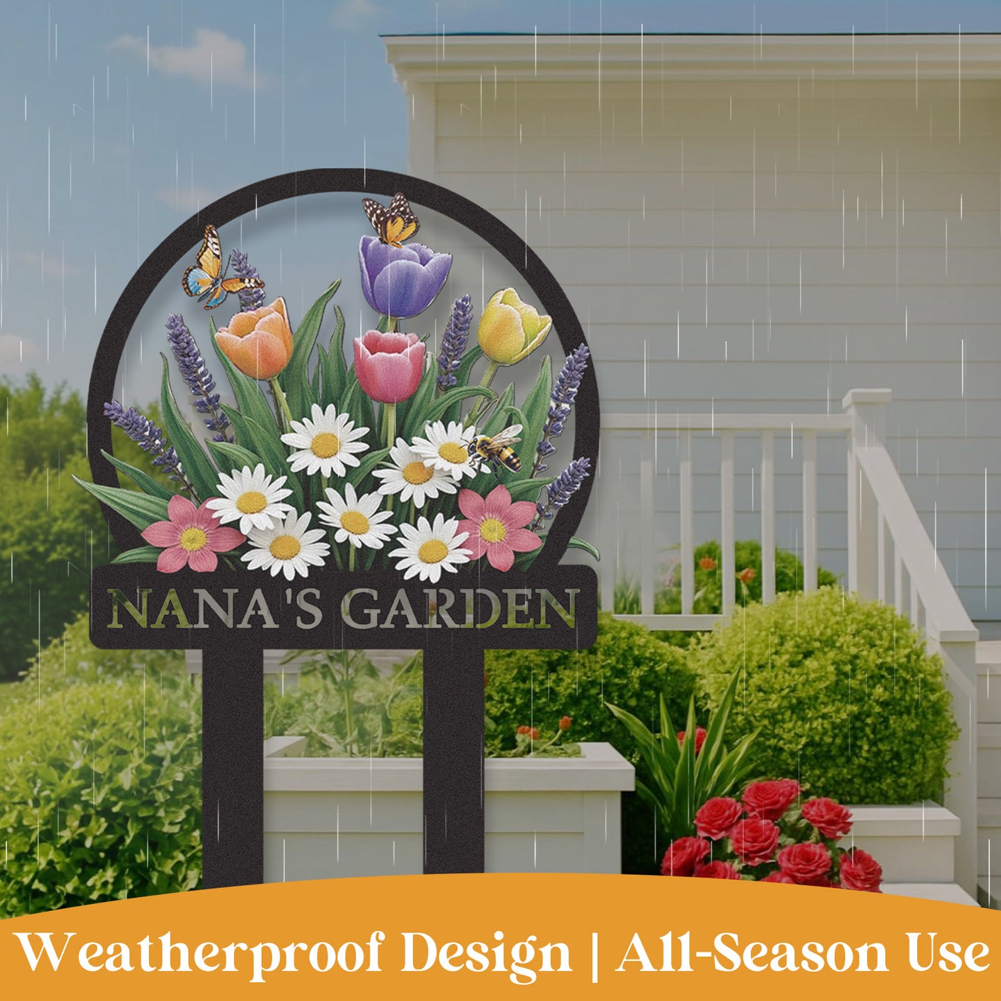 Personalized Colorful Garden Sign with Butterflies and Daisies, Custom Metal Yard Stake with Tulips and Bees, Floral Garden Decor Name Sign for Outdoor Patio or Backyard