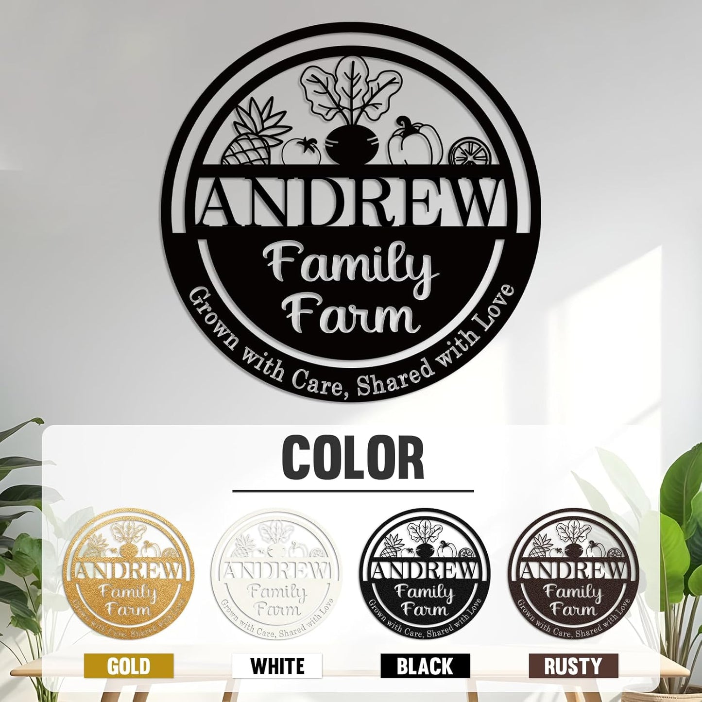 Custom Family Farm Sign with Vegetables, Personalized Garden Metal Sign for Outdoor Decor, Pineapple, Tomato, Pepper & Carrot