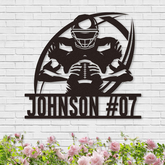 Custom Football Player Metal Sign with Name and Number, Personalized Sports Wall Art, Football Room Decor for Boys or Coach Gift