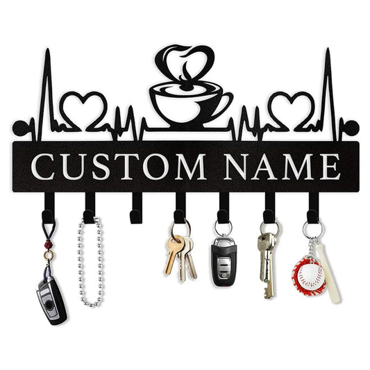 Coffee Lover Key Holder Metal Wall Organizer Custom Name Coffee Bar & Kitchen Decor