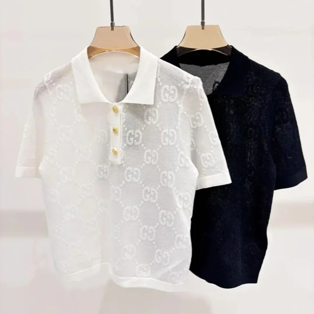 G Luxurious solid color jacquard polo knit sweater 1025051609