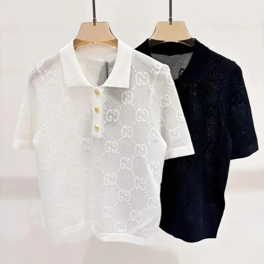 G Luxurious solid color jacquard polo knit sweater 1025051609