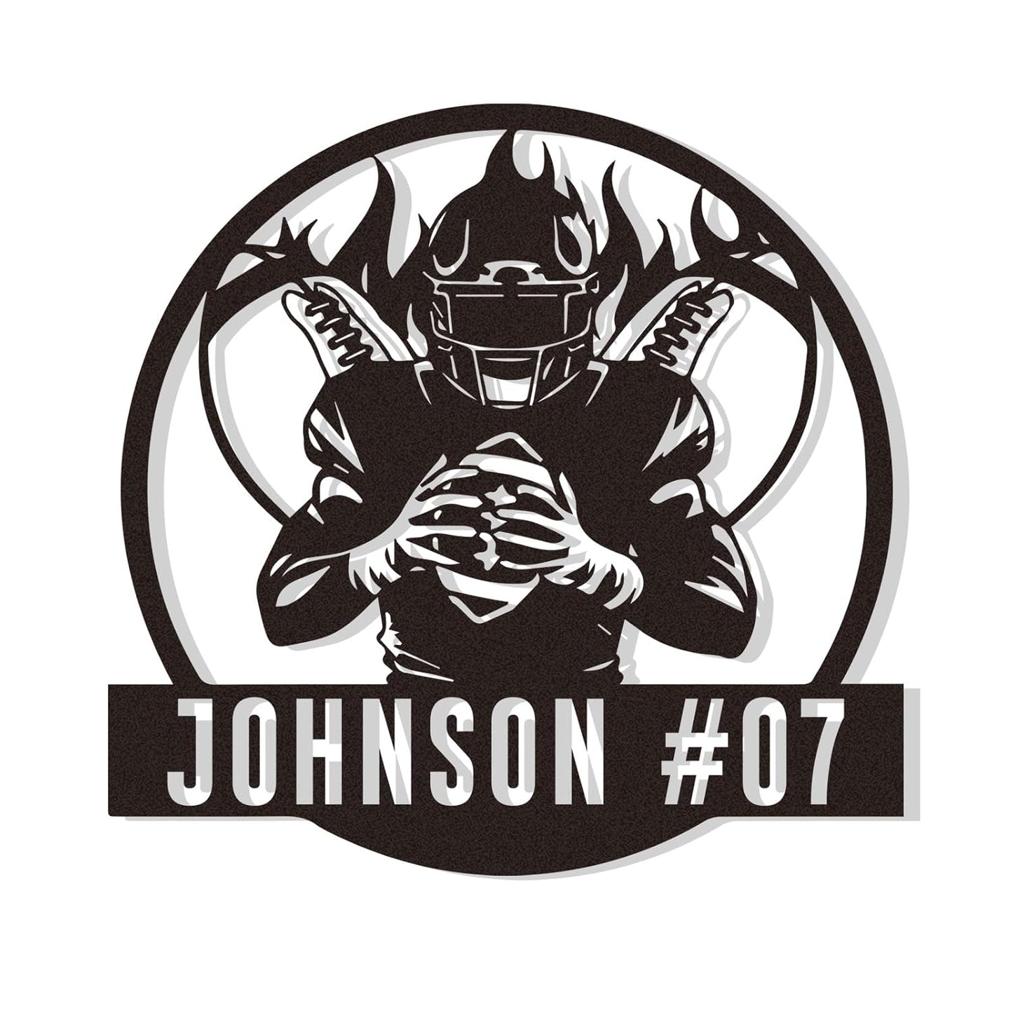 Personalized Football Wall Art with Name and Number, Custom Flaming Player Metal Sign, Sports Decor for Boys Room or Team Gift