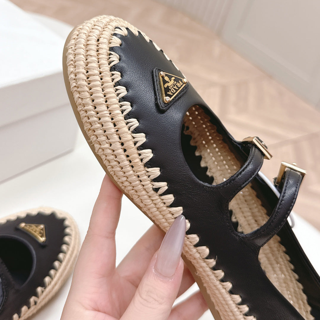 Raffia Straw Mary Jane Flat Single Shoes 1025051503