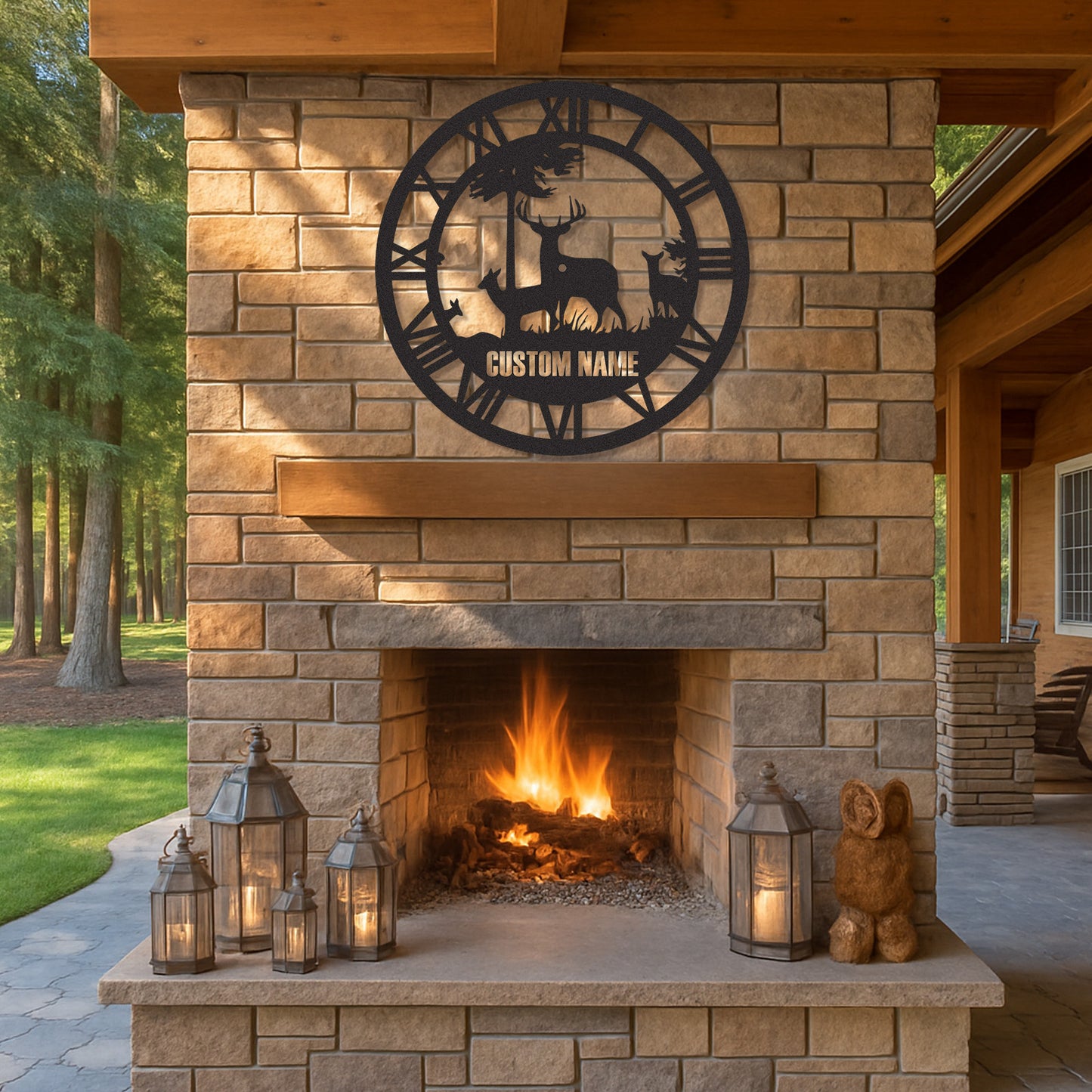 Custom Wildlife Clock Sign, Personalized Deer Family Metal Art, Cabin Timepiece for Hunters