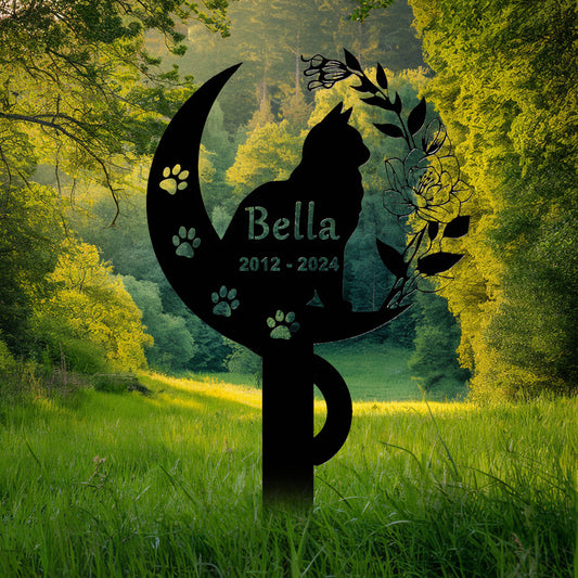 Personalized Cat Memorial Stake, Cat Metal Grave Marker with Flowers & Moon, Cat Loss Sympathy Gift