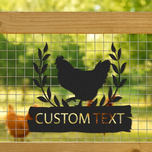 Custom Chicken Coop Sign with Leaf Design and Hen Silhouette, Personalized Farmhouse Outdoor Decor