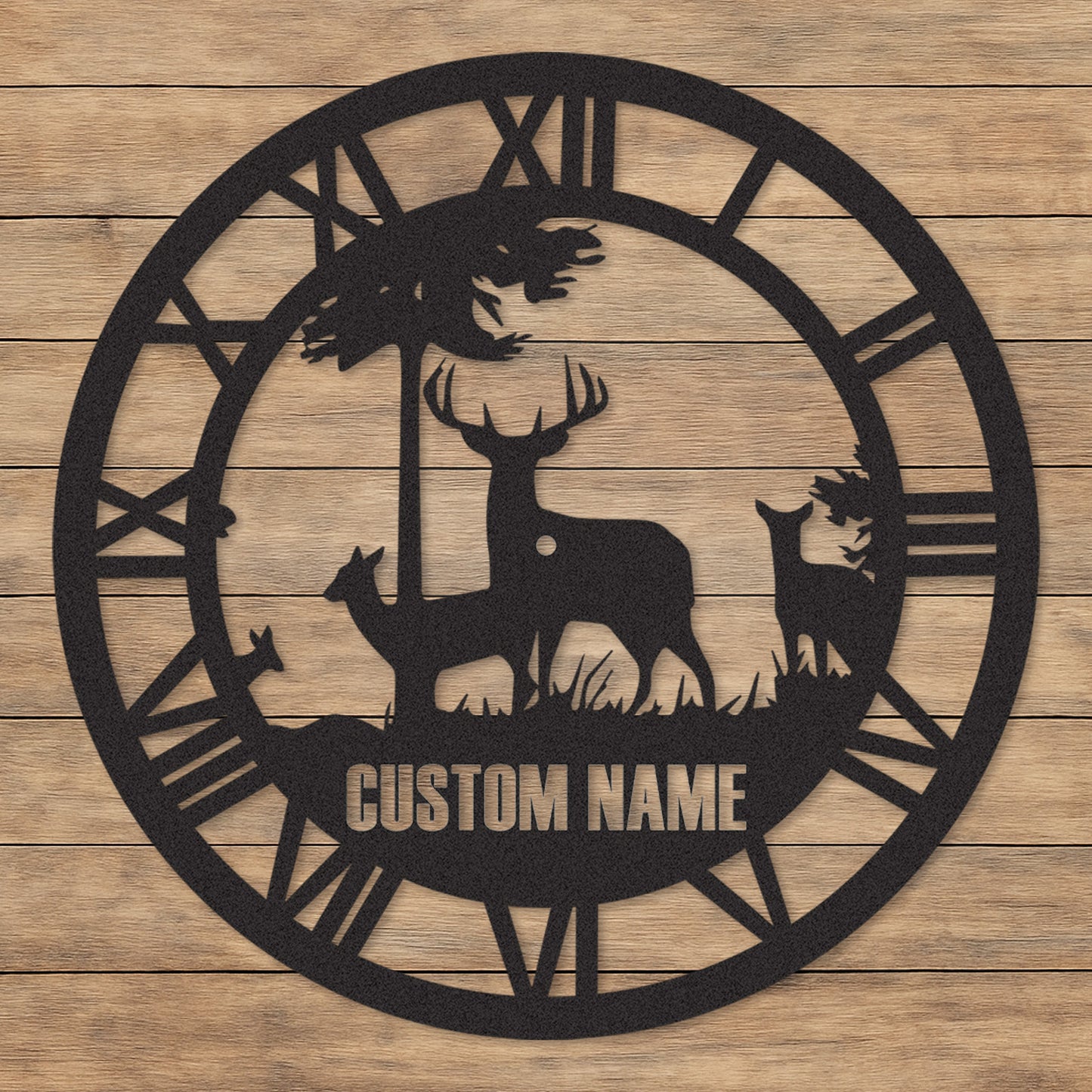 Custom Wildlife Clock Sign, Personalized Deer Family Metal Art, Cabin Timepiece for Hunters