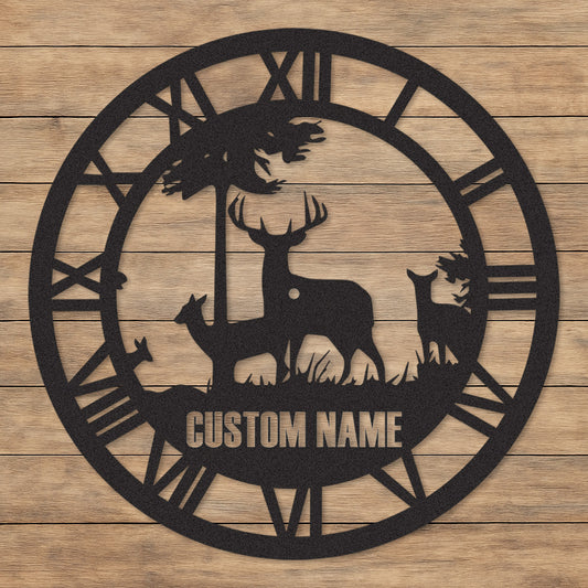 Custom Wildlife Clock Sign, Personalized Deer Family Metal Art, Cabin Timepiece for Hunters