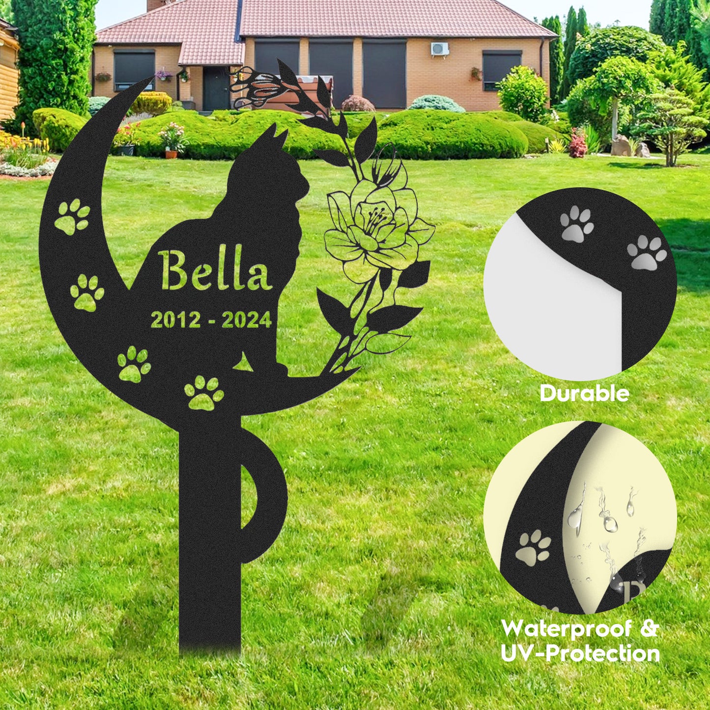 Personalized Cat Memorial Stake, Cat Metal Grave Marker with Flowers & Moon, Cat Loss Sympathy Gift