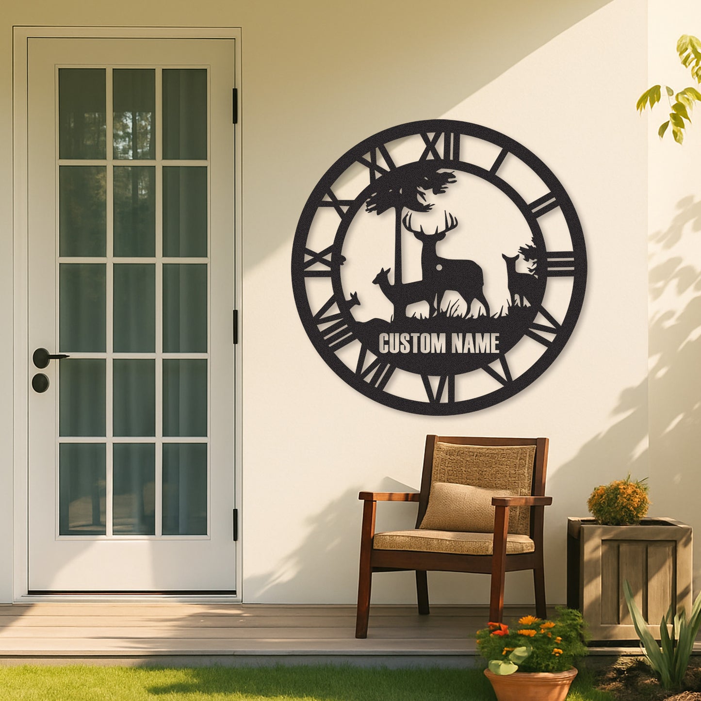 Custom Wildlife Clock Sign, Personalized Deer Family Metal Art, Cabin Timepiece for Hunters