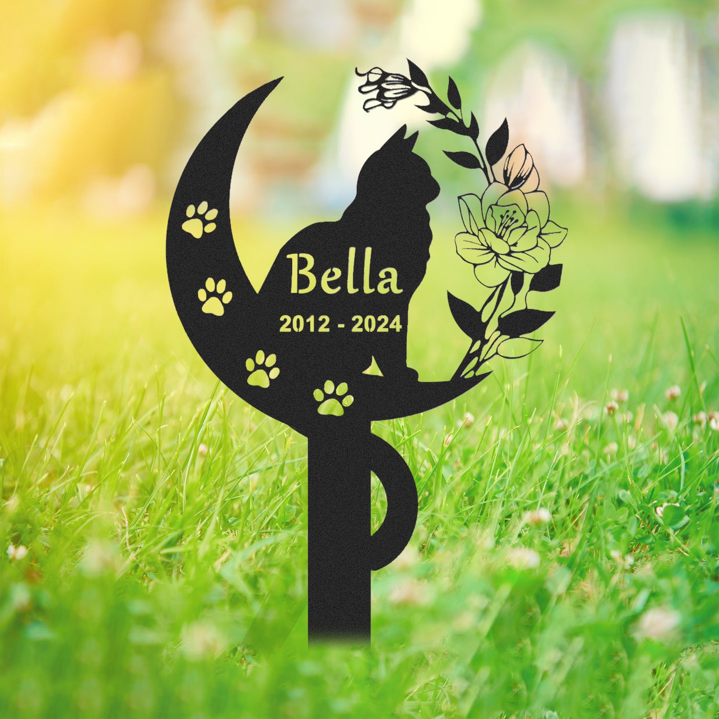 Personalized Cat Memorial Stake, Cat Metal Grave Marker with Flowers & Moon, Cat Loss Sympathy Gift