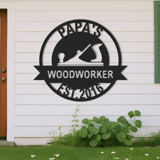 Custom Woodworker Workshop Metal Sign, Personalized Papa��s Woodworking Decor, Metal Garage Wall Art, Gift for Dad or Grandpa, Father's Day Gift Idea