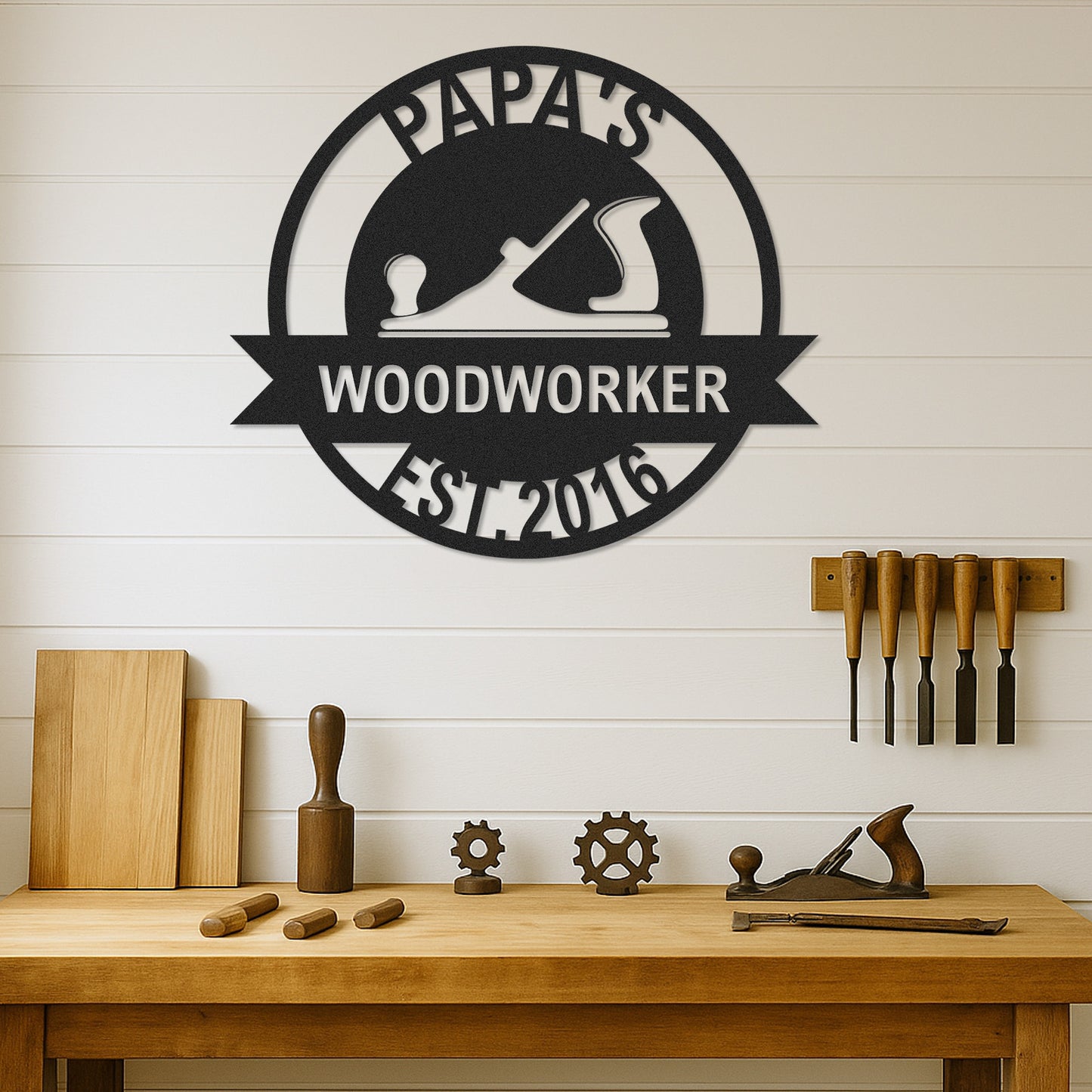 Custom Woodworker Workshop Metal Sign, Personalized Papa��s Woodworking Decor, Metal Garage Wall Art, Gift for Dad or Grandpa, Father's Day Gift Idea