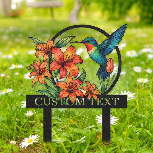 Personalized Hummingbird Garden Sign with Orange Lilies, Custom Metal Garden Stake with Name, Colorful Floral Yard Sign for Gardeners, Outdoor Garden Decor with Custom Text