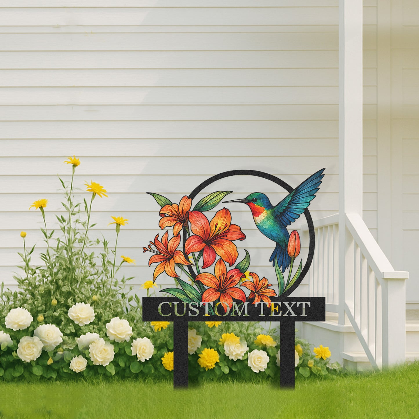 Personalized Hummingbird Garden Sign with Orange Lilies, Custom Metal Garden Stake with Name, Colorful Floral Yard Sign for Gardeners, Outdoor Garden Decor with Custom Text