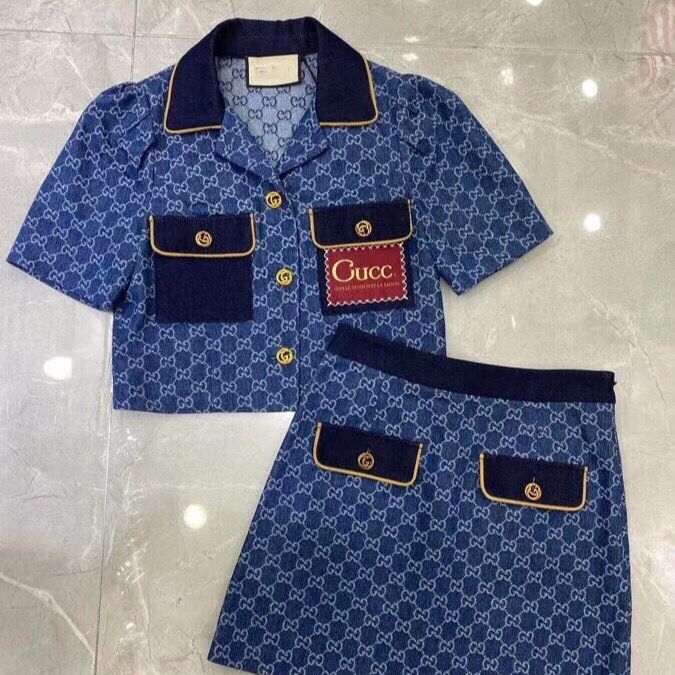 New spring and summer lapel short top + skirt jacquard monogram full print short sleeve coat