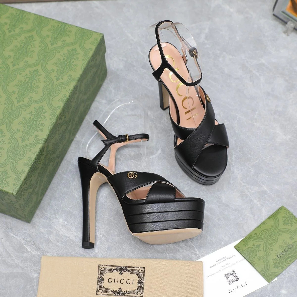 New Black Leather G Logo women's fashion high-heeled