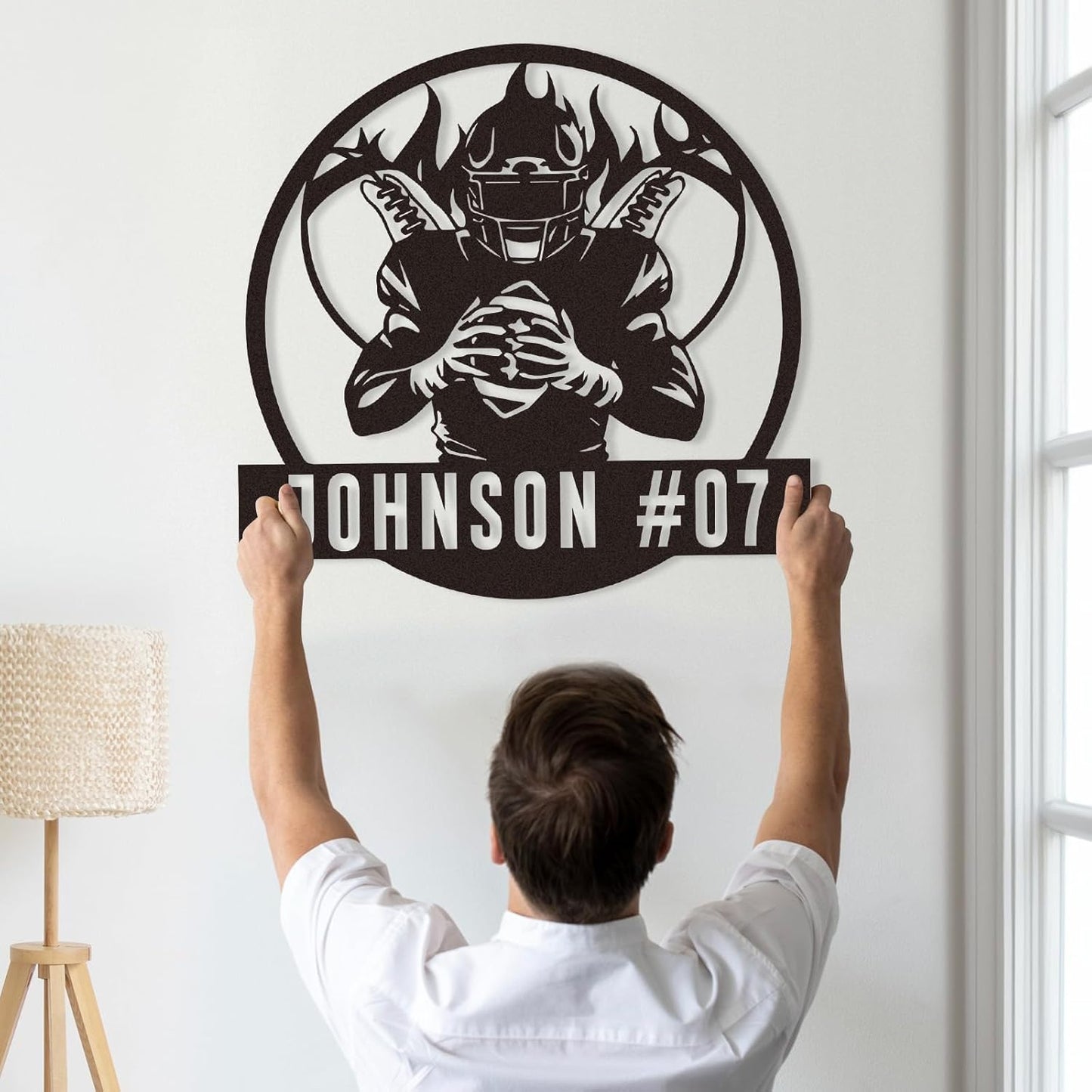 Personalized Football Wall Art with Name and Number, Custom Flaming Player Metal Sign, Sports Decor for Boys Room or Team Gift
