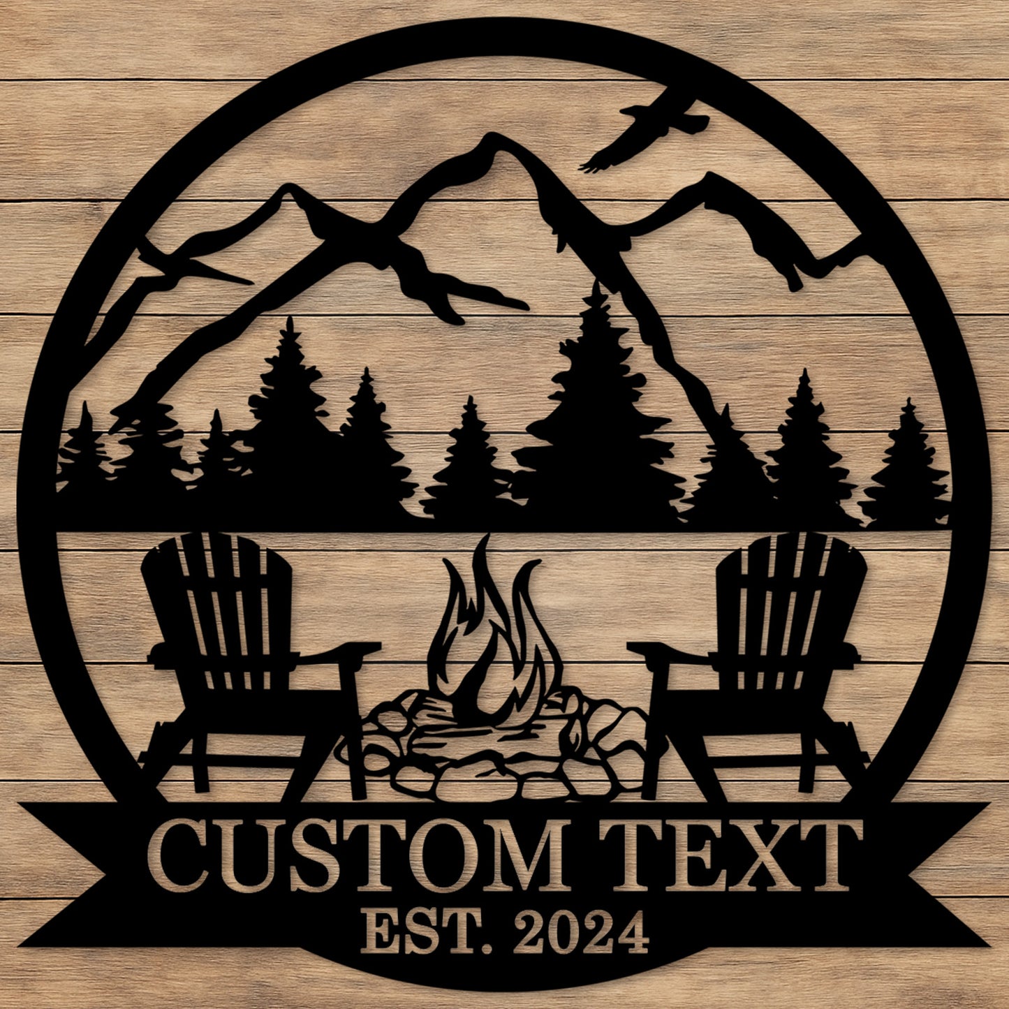 Custom BBQ Grill Metal Sign, Personalized Dad��s Backyard Firepit Wall Art with Mountains and Chairs, Outdoor Gift for Father's Day