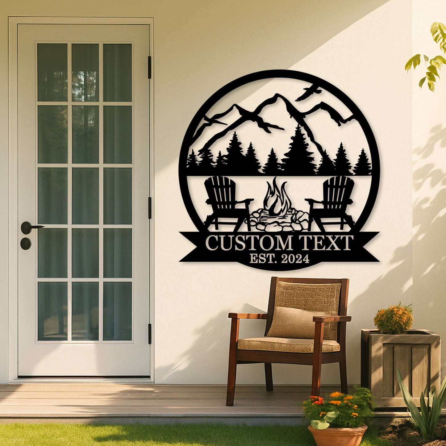 Custom BBQ Grill Metal Sign, Personalized Dad��s Backyard Firepit Wall Art with Mountains and Chairs, Outdoor Gift for Father's Day