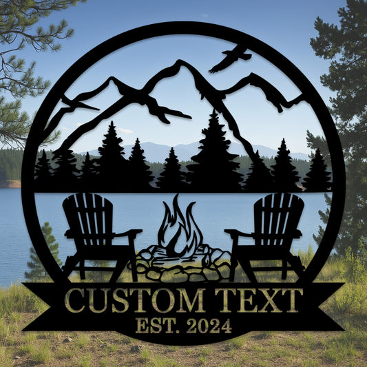 Custom BBQ Grill Metal Sign, Personalized Dad��s Backyard Firepit Wall Art with Mountains and Chairs, Outdoor Gift for Father's Day