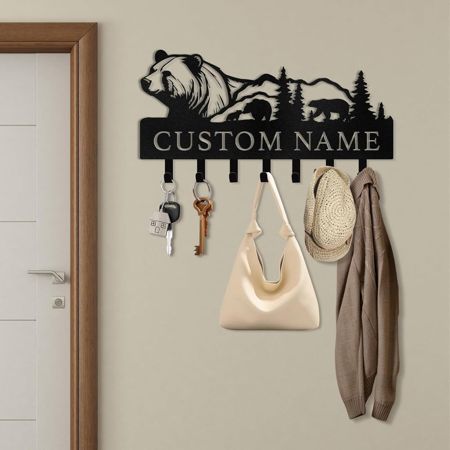Personalized Polar Bear Key Holder on Wall, Custom Name Key Hanger
