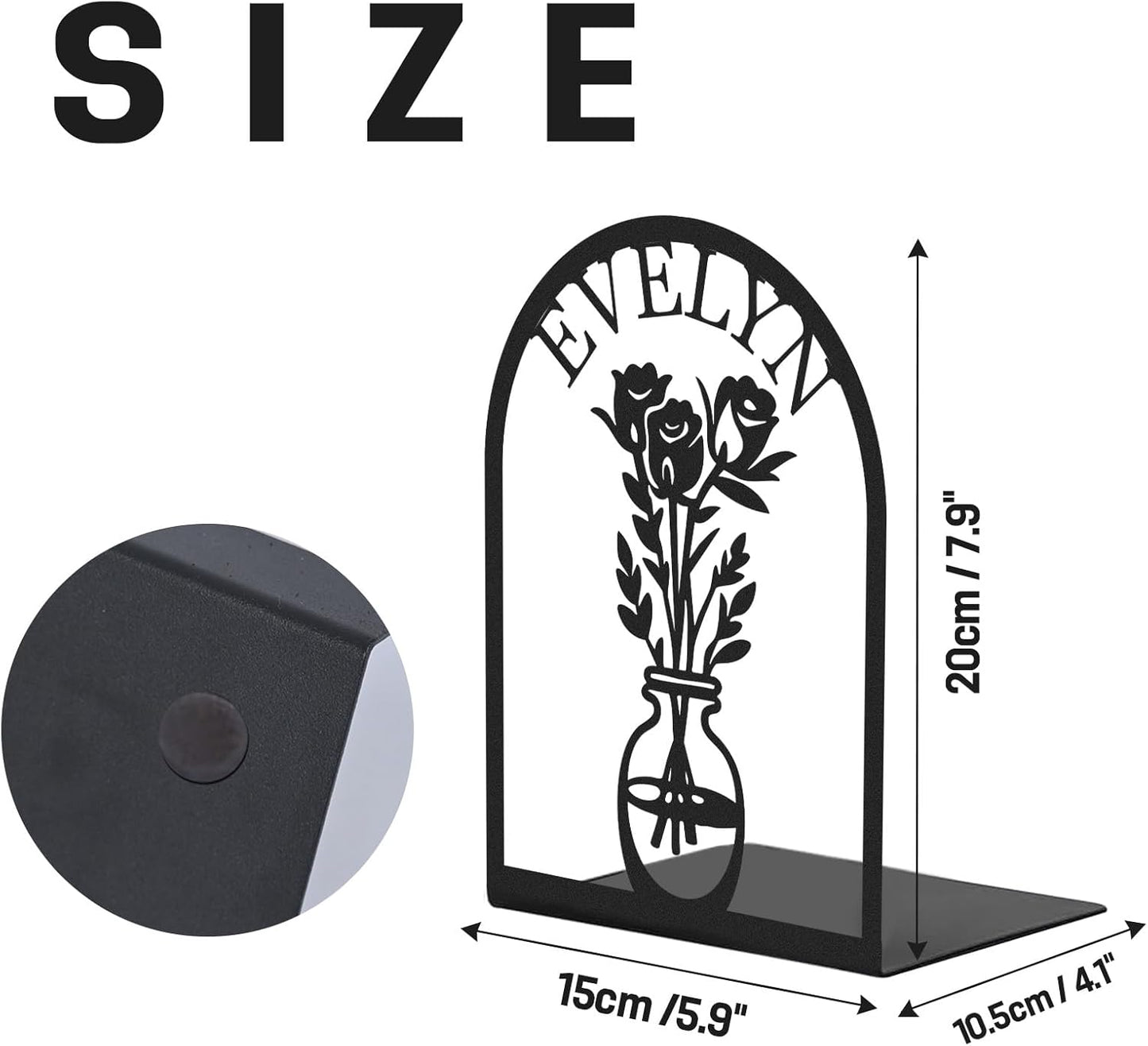 Custom Vase with Flowers Metal Bookends, Elegant Iron Bookshelf, Artistic Home Decor & Storage