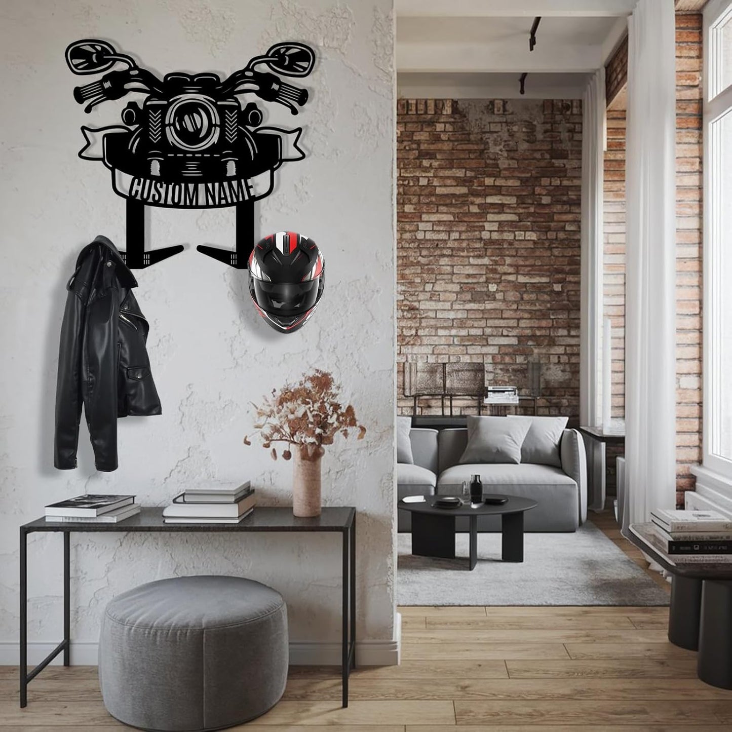 Motorcycle Helmet & Jacket Iron Wall Hanger , Personalized Garage Decor
