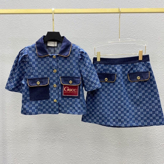 New spring and summer lapel short top + skirt jacquard monogram full print short sleeve coat