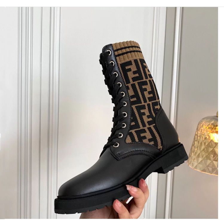 Autumn and winter flat lace-up knitted stitching martin boots high-top low-heel thick-heeled elastic ankle boots