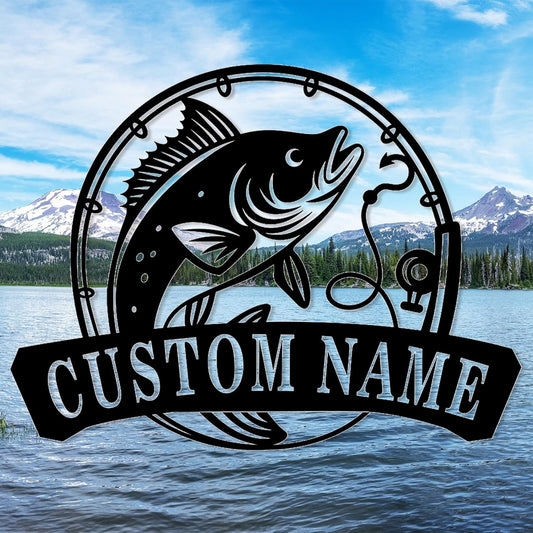 Custom Hook & Bass Metal Sign, Personalized Fishing Wall Art for Anglers