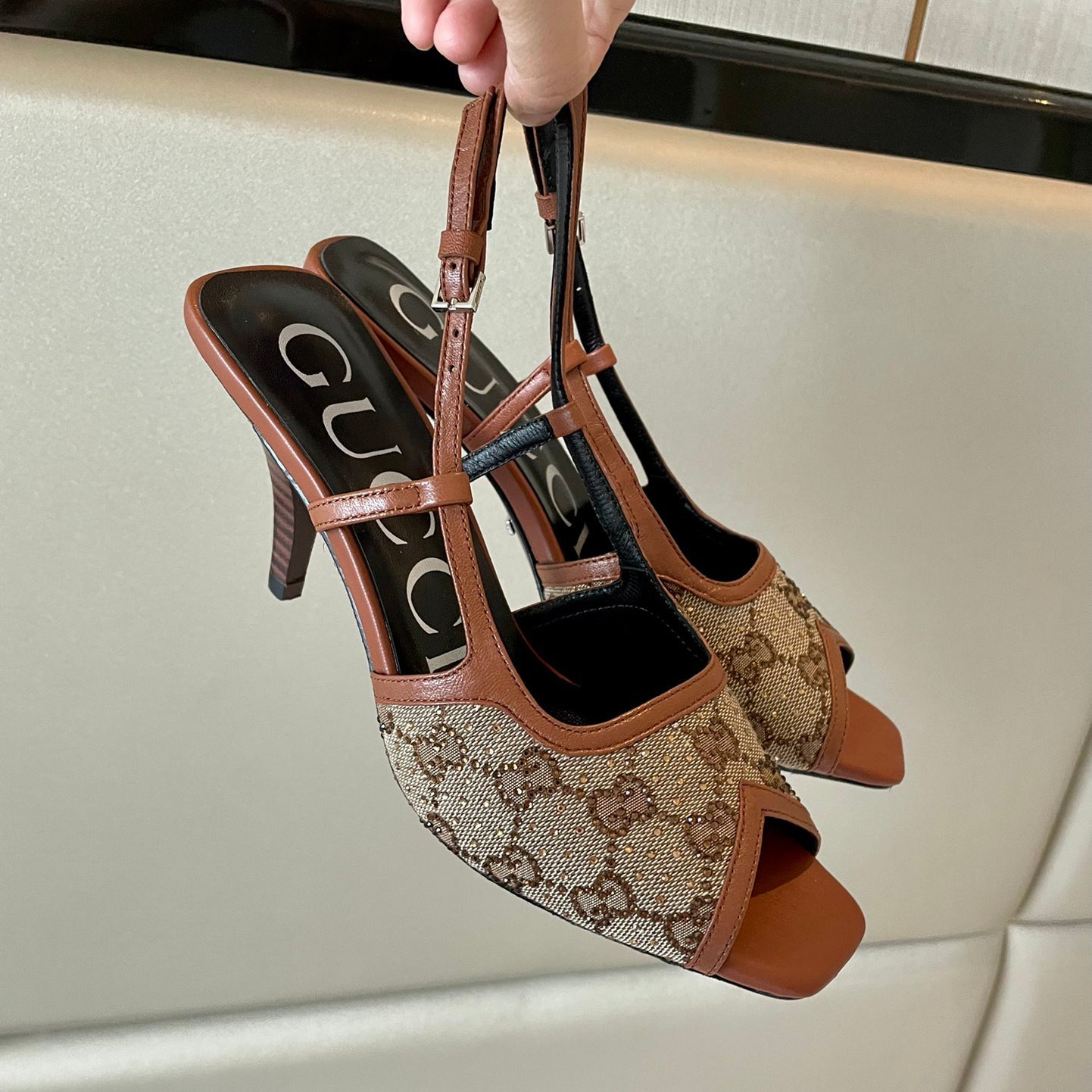 New G logo mesh rhinestone high-heeled sandals XC16060702