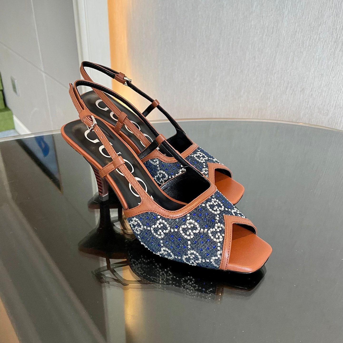 New G logo mesh rhinestone high-heeled sandals XC16060702