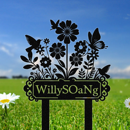 Custom Garden Stake Metal Sign, Personalized Floral Name Plaque with Birds and Butterflies, Outdoor Yard Decor for Gardeners