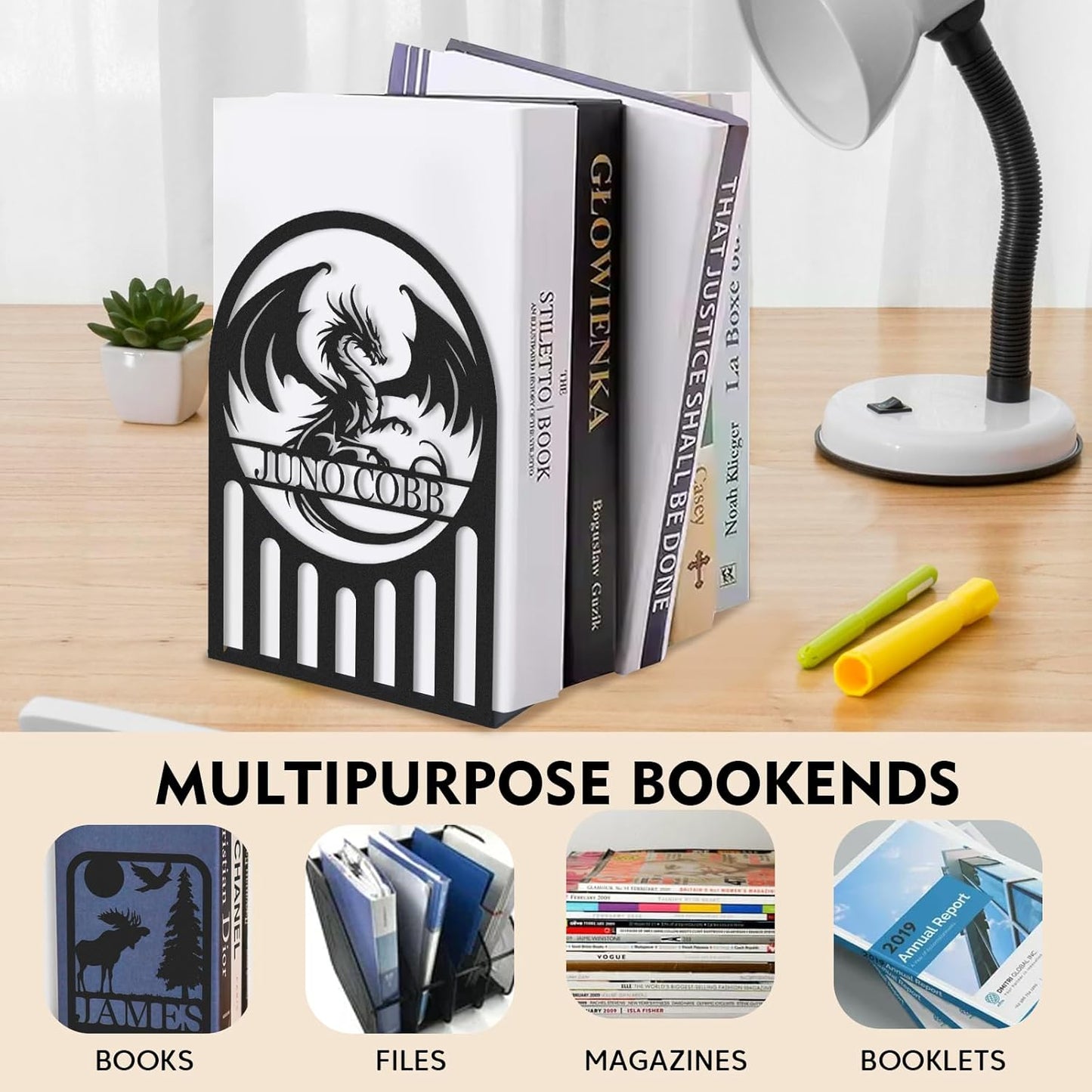 Custom Dragon Metal Bookends, Mystical Eastern Style Bookshelf, Personalized Home & Study Decor