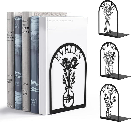 Custom Vase with Flowers Metal Bookends, Elegant Iron Bookshelf, Artistic Home Decor & Storage