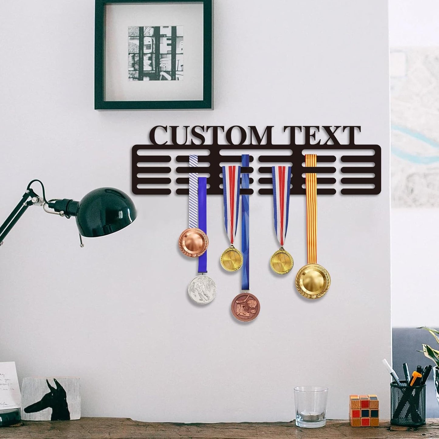 Personalized Sports Medal Display Rack Wall Mount Holds 60 Awards for Youth Gifts