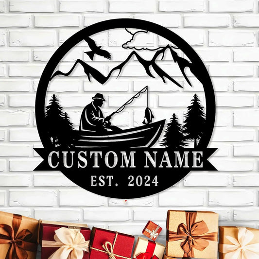 Bass Fishing Boat Metal Sign, Rustic Lake Scene Wall Art for Outdoor Decor