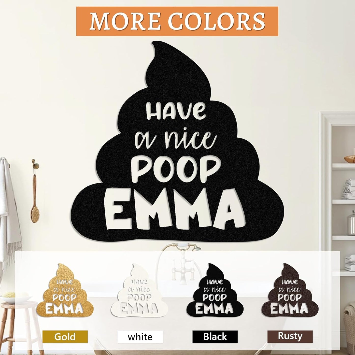 Personalized Bathroom Metal Sign, Farmhouse Bathroom Decor Wall Art, Custom Name Funny Bathroom Sign with Feces Design, Modern Hanging Decor for Home Washroom, Housewarming Gifts Color02