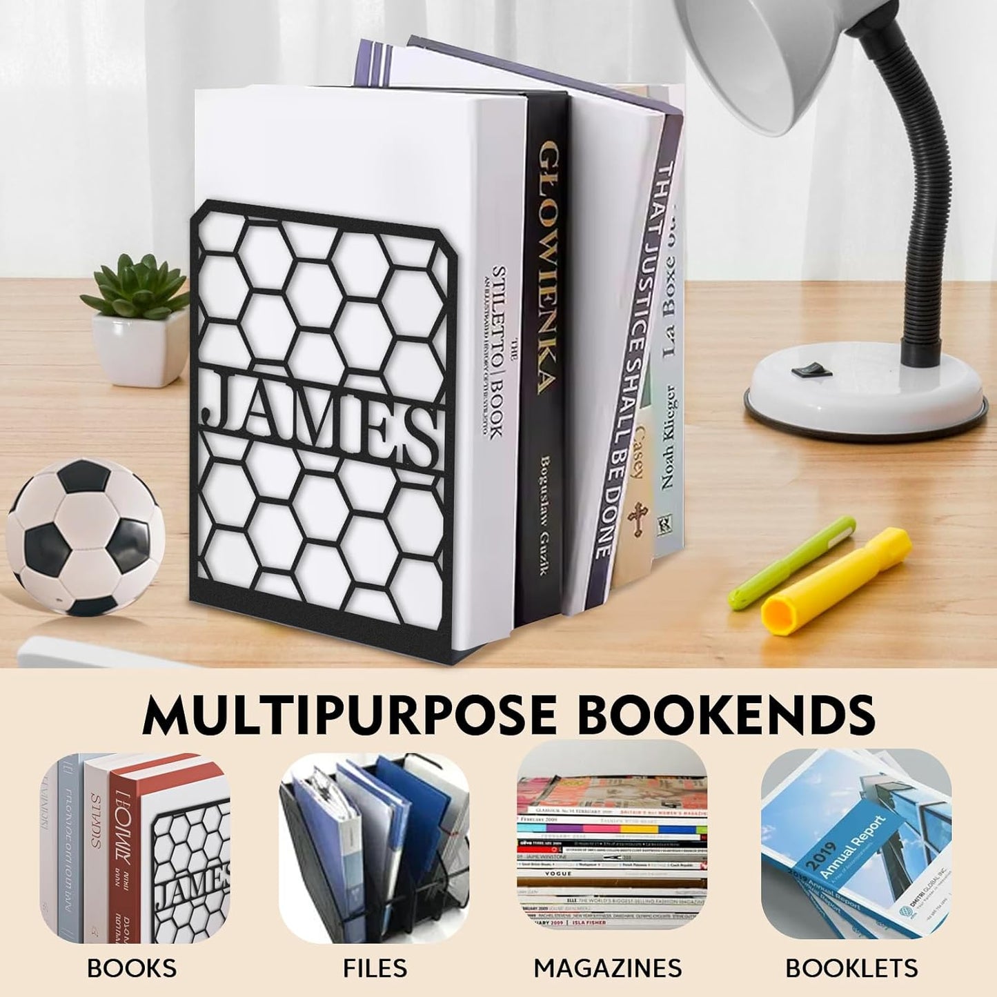 Personalized Hollow Cut Metal Bookends, Minimalist Style Bookshelf, Modern Home & Study Decor