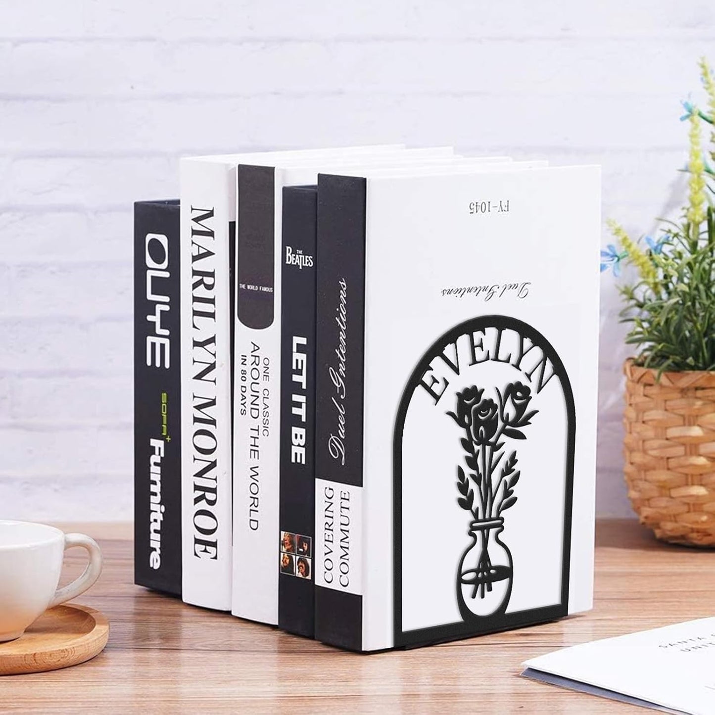 Custom Vase with Flowers Metal Bookends, Elegant Iron Bookshelf, Artistic Home Decor & Storage