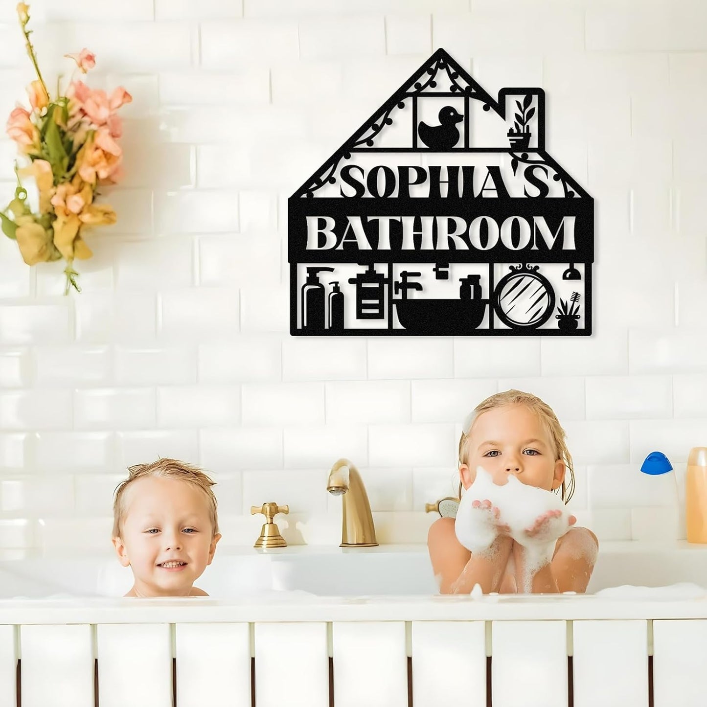 Personalized Bathroom Metal Sign, Farmhouse Bathroom Decor Wall Art, Custom Name Funny Bathroom Sign with Feces Design, Modern Hanging Decor for Home Washroom, Housewarming Gifts Color02