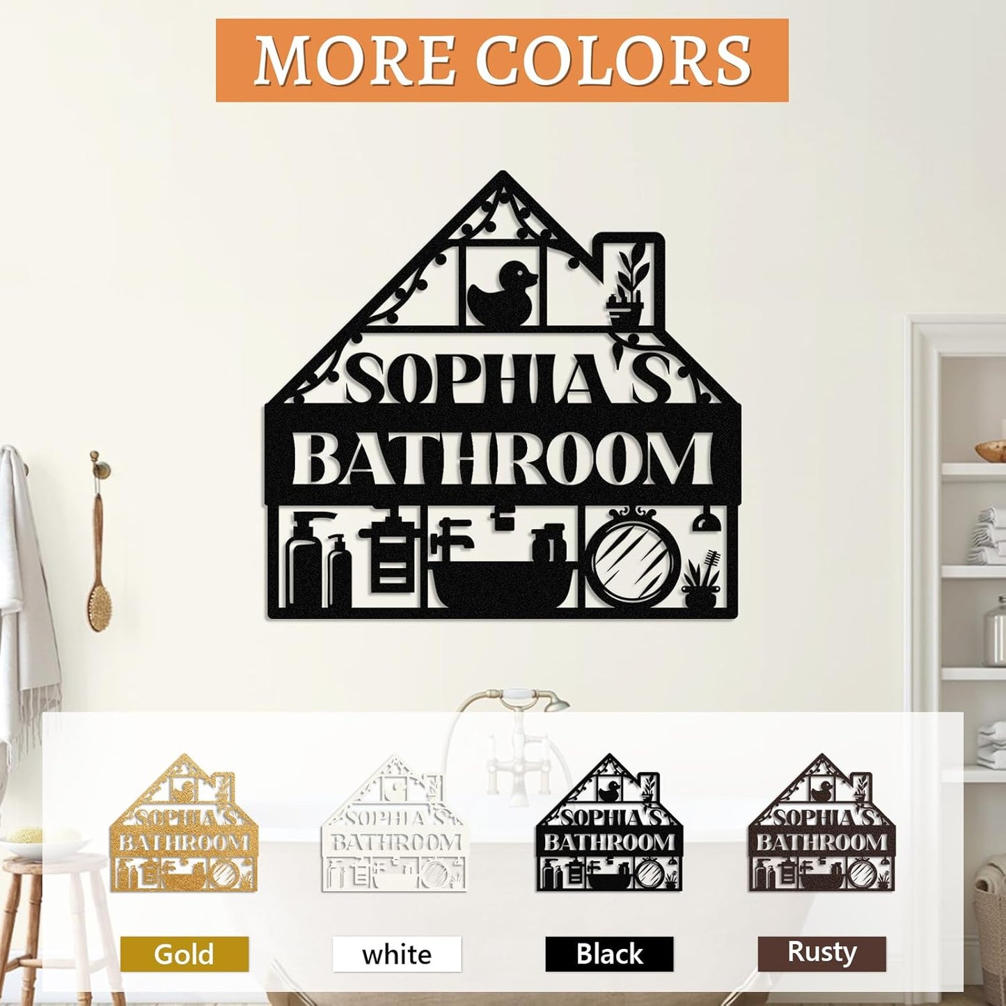 Personalized Bathroom Metal Sign, Farmhouse Bathroom Decor Wall Art, Custom Name Funny Bathroom Sign with Feces Design, Modern Hanging Decor for Home Washroom, Housewarming Gifts Color02