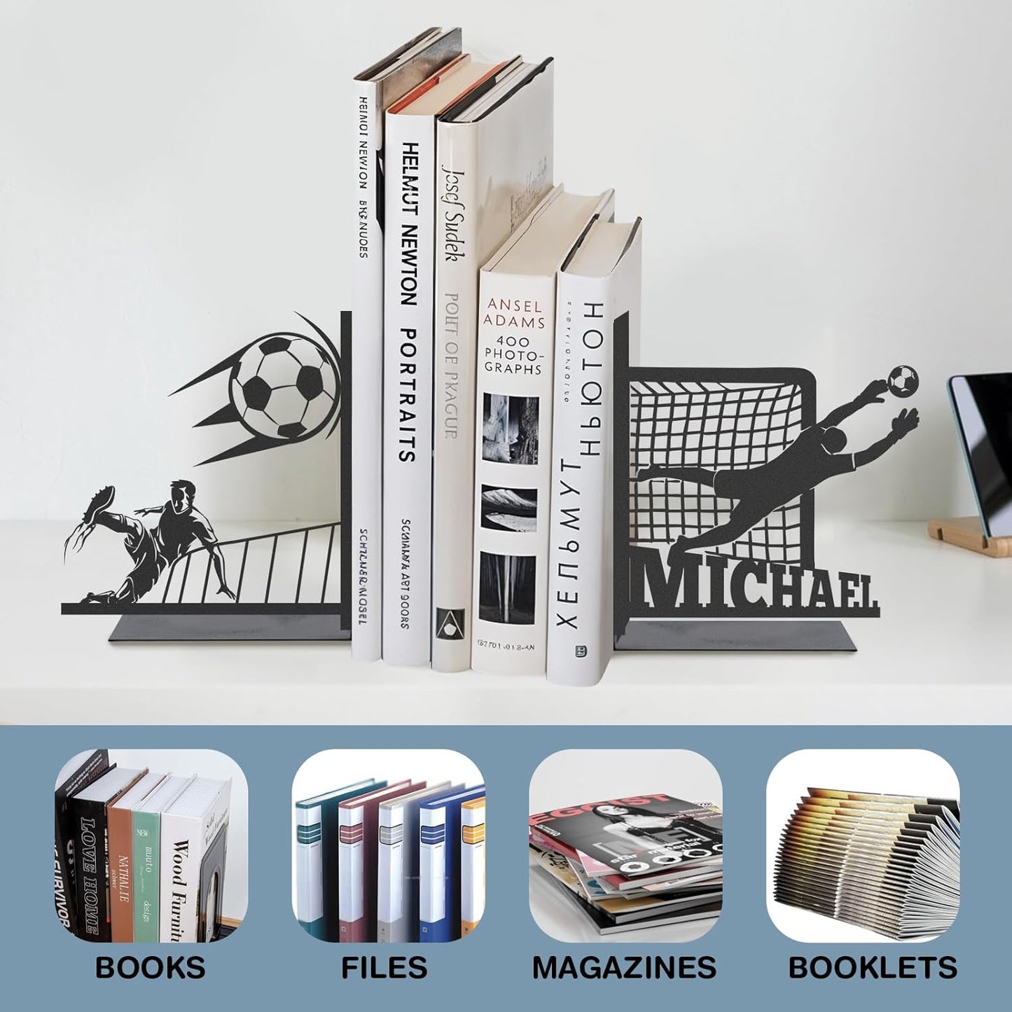Custom Soccer Sports Metal Bookends, Athletic Style Bookshelf, Football Fan Study & Game Room Decor