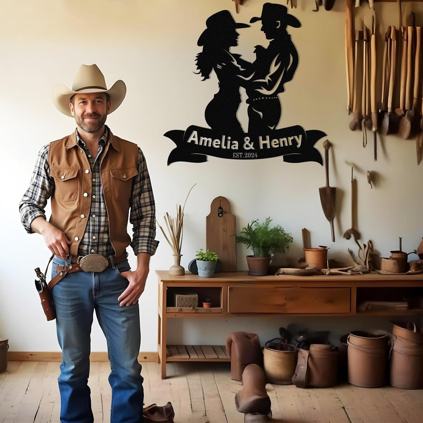 Personalized Cowboy Riding Silhouette Metal Wall Art Rustic Decor for Ranch & Tavern