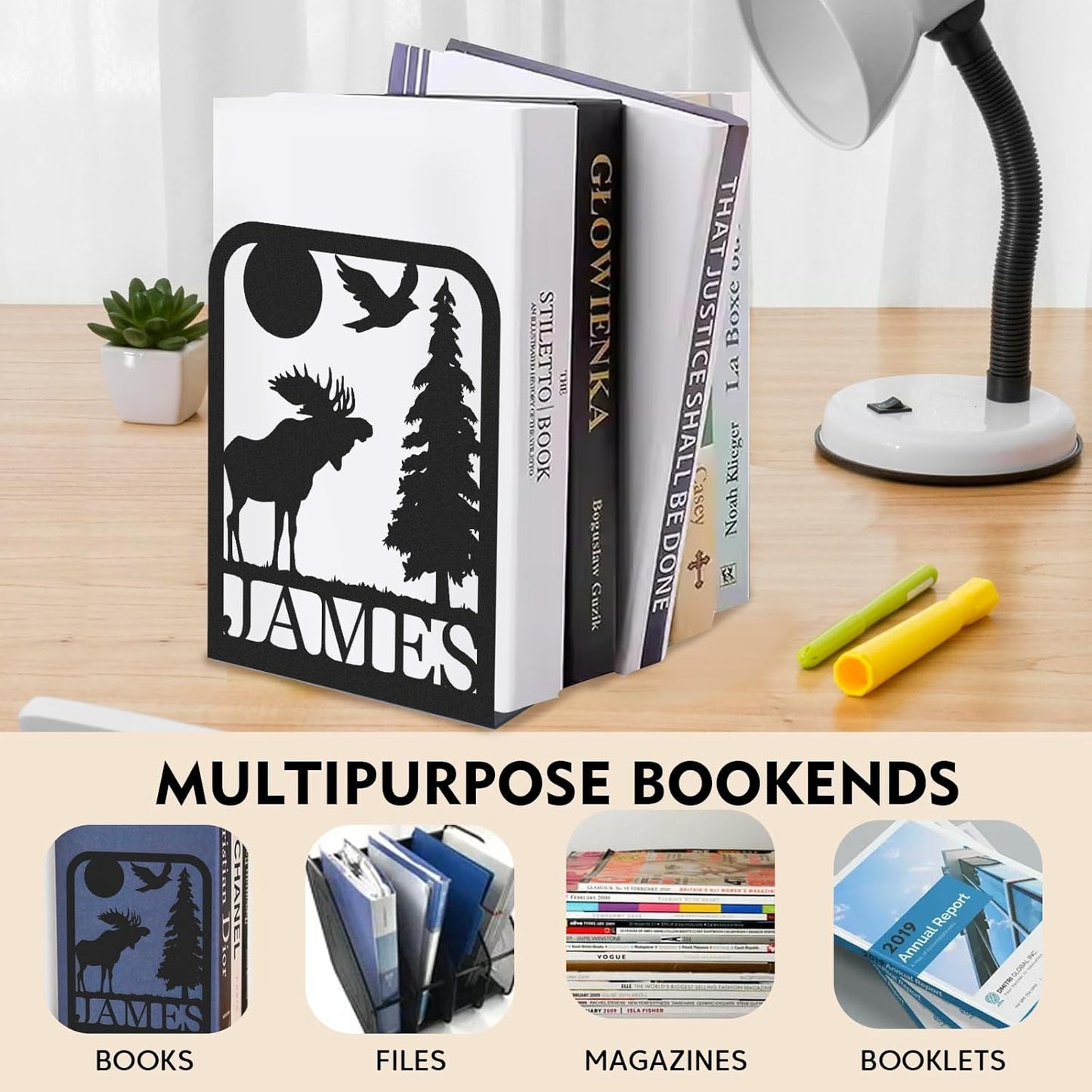 Custom Deer Metal Bookends, Forest Style Bookshelf, Elegant Cabin Decor, Study Book Organizer
